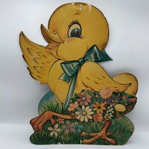 Vintage 1970s Easter Chick Cardboard Cutouts Holiday Decor 16" Floral Cut Out
